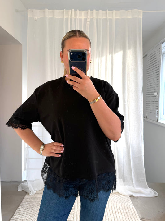 Butterstoff Oberteil mit Spitze in Schwarz