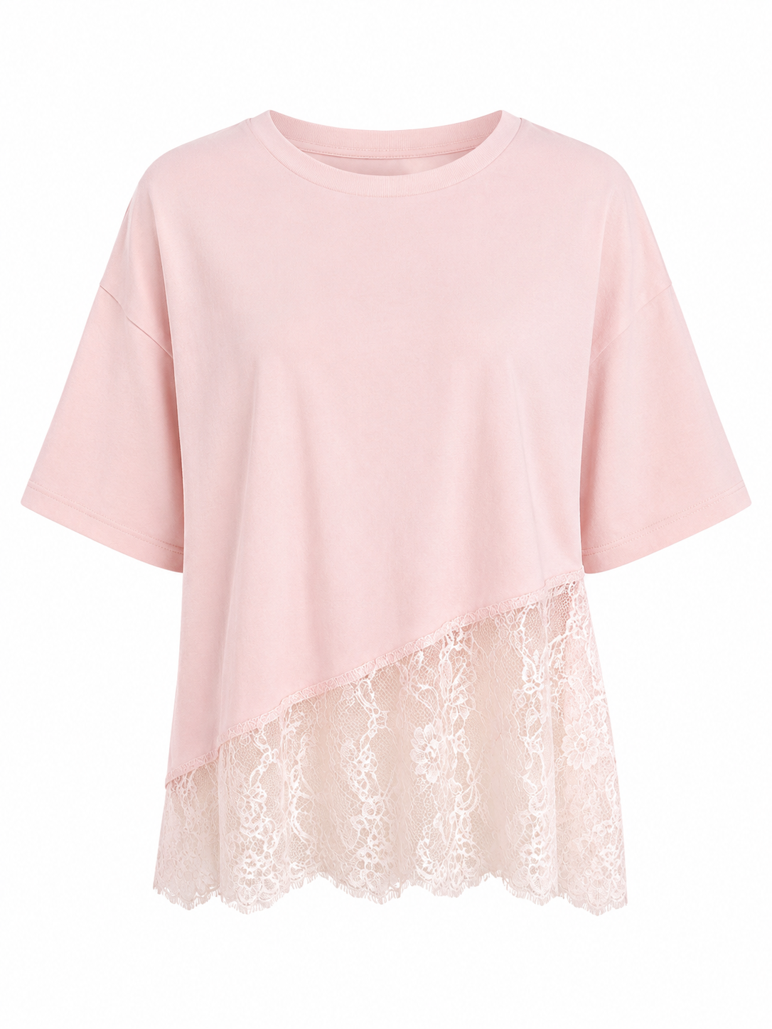 Pinkes Oversized-Shirt mit asymmetrischem Spitzenbesatz