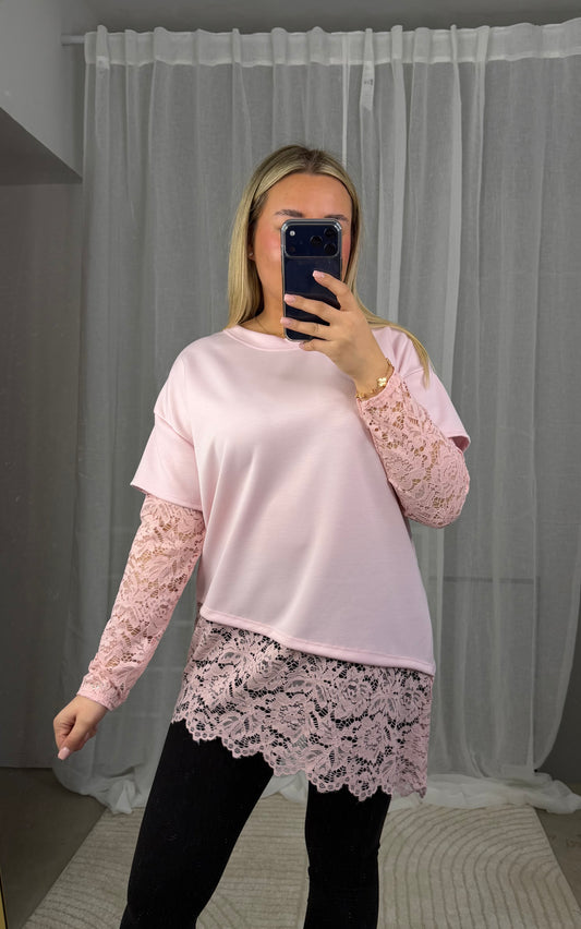 Butterstoff Spitzen Pullover in Rosa