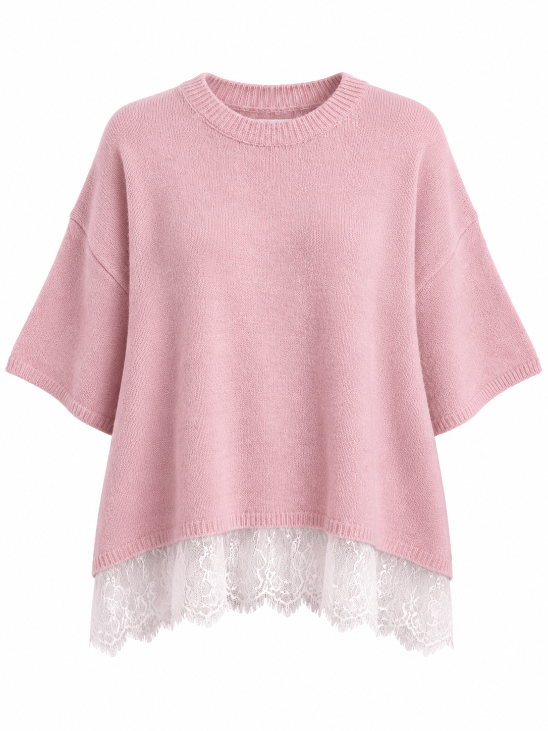 Pinker Strickpullover mit Spitzenbesatz